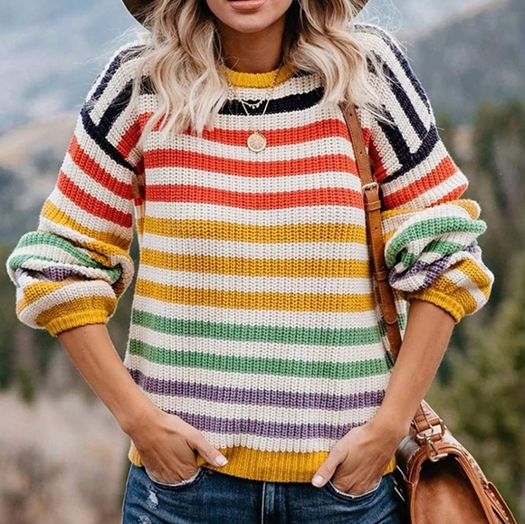 NEW Casual Rainbow Striped Color Block Warm Winter Sweater - Picture 2 of 10